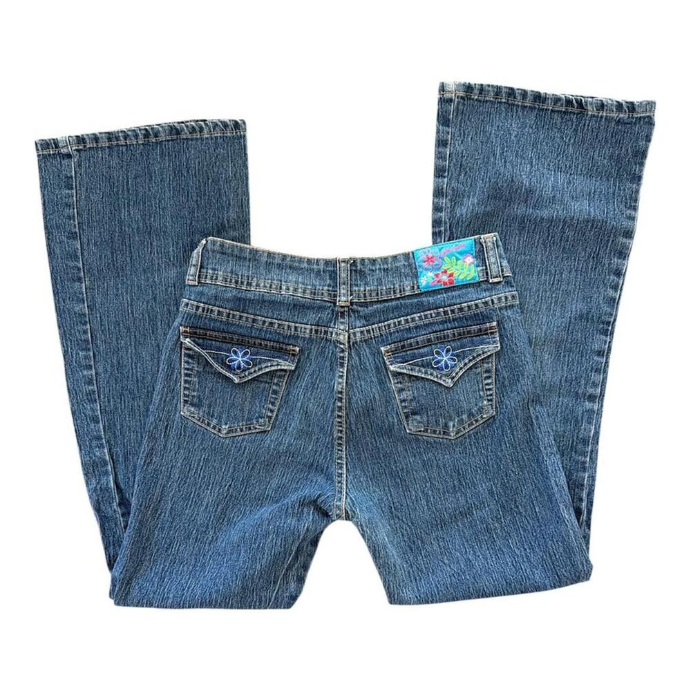 Jordache blue low rise bootcut flare jeans with floral embroidery